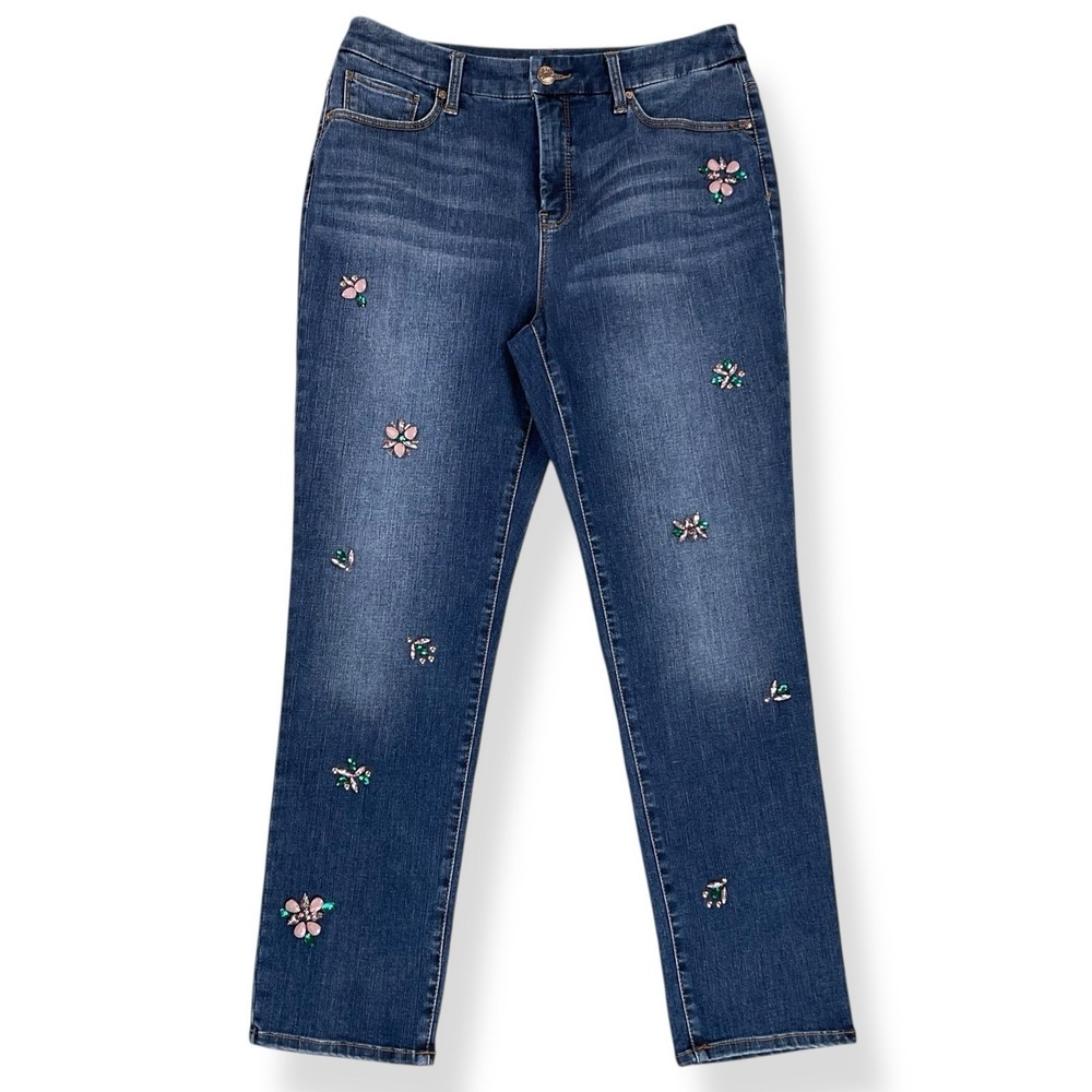 Chicos Jeans Women 6R (ACTUAL 30x27) Blue Girlfriend Slim Leg Ankle Rhinestones